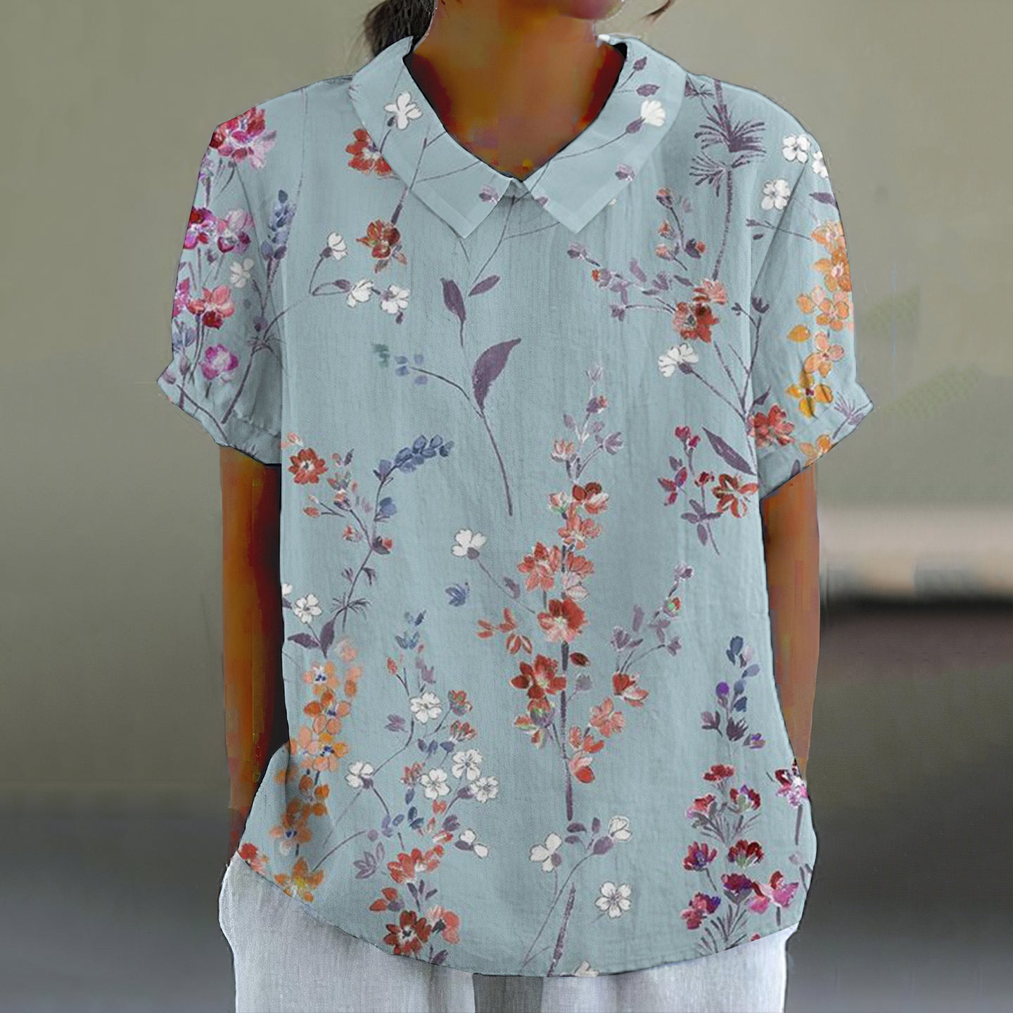 Comstylish Vintage Floral Art Casual Short Sleeve Lapel Shirt