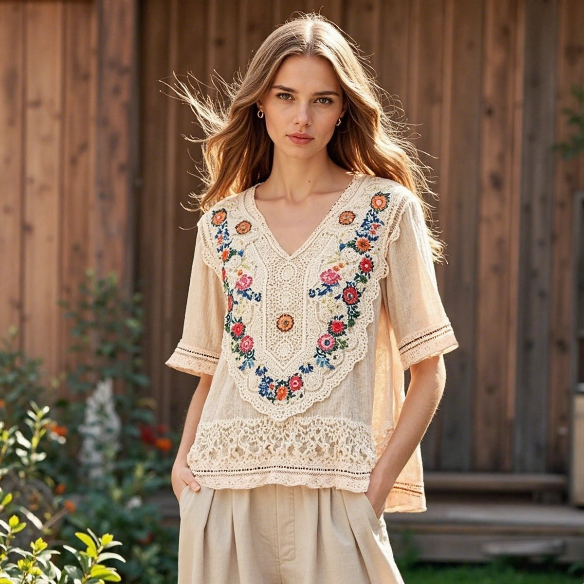 Comstylish Vintage Bohemian Floral Embroidered Linen V-neck Shirt