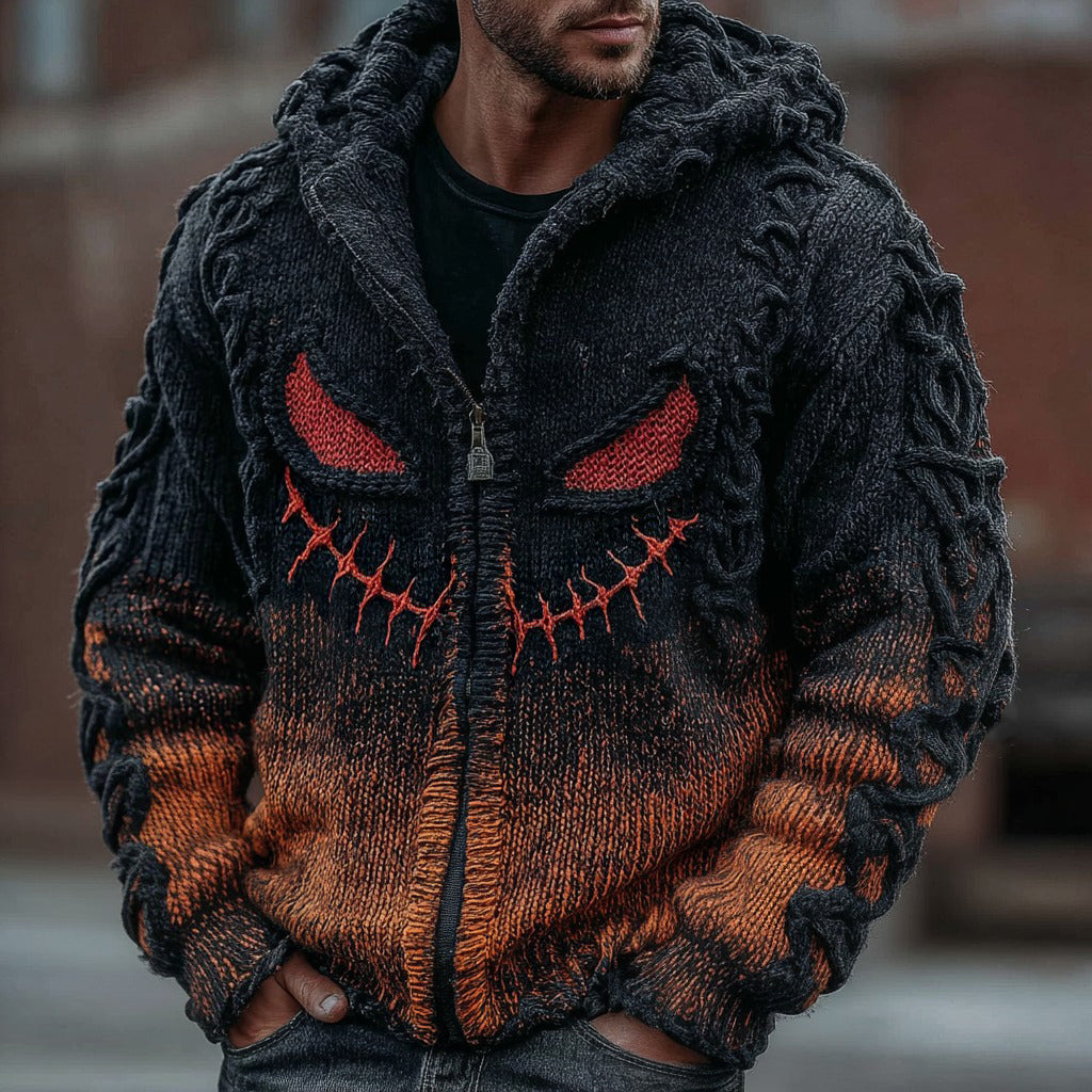 Men's Halloween Spooky Face Gradient Inspired Knitted Distressed Hooded Sweater artswardrobe
