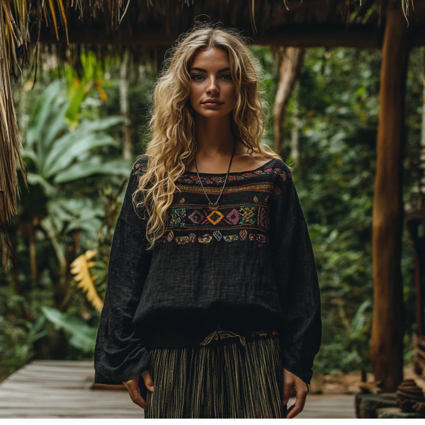 Retro Boho Tribal Art Embroidery Print Cotton And Linen Blend Loose Blouse artswardrobe
