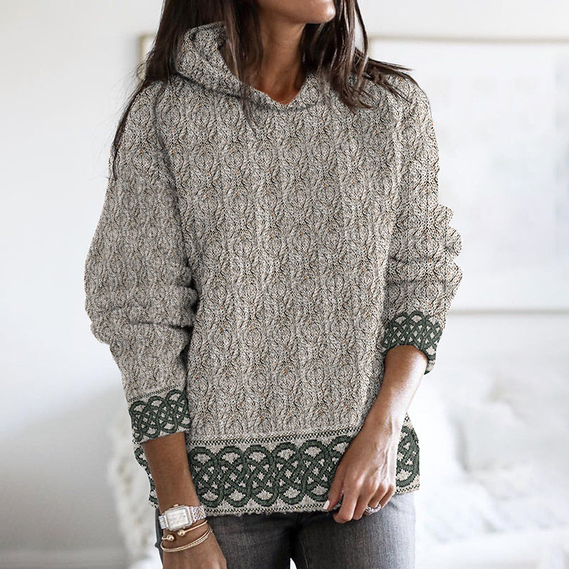 Women'S Celtic Knotted Creative Patchwork Hooded Aran Sweater elevenforest