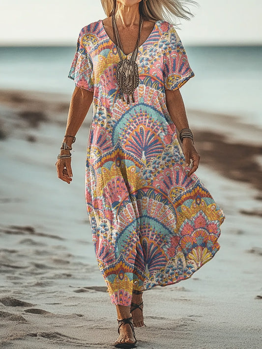 Women's Art Painting Hippie Vintage Print V-Neck Dress
