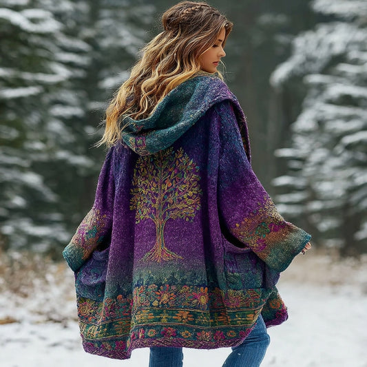 Comstylish Women's Tree Of Life Gradient Cozy Pocket Hooded Cardigan