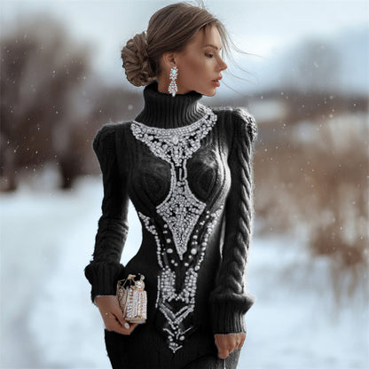Comstylish Classy Opal Jewel Art Cable Knit Turtleneck Sweater Dress