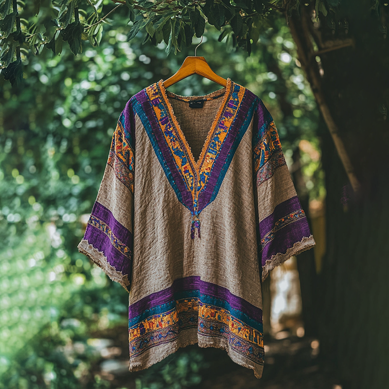 Women's Vintage Floral Embroidered V-neck Linen Blend T-shirt artswardrobe