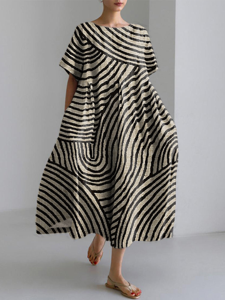 Comstylish Women's Abstract Art Striped Print Vintage Linen Blend Dress