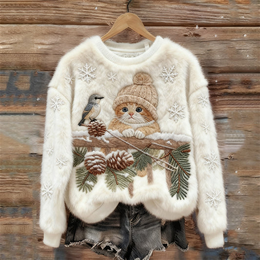 Lovely Cat & Bird Christmas Season Embroidered Cozy Plush Sweatshirt elevenforest