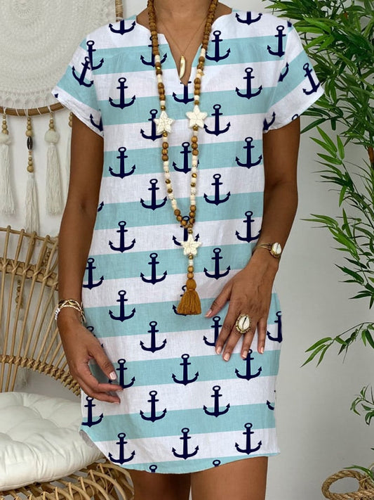 Women'S Boat Sight Print V Neck Short Sleeve Dress