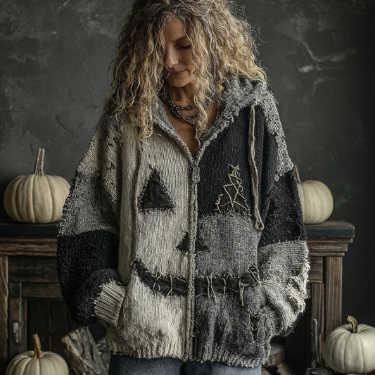 Halloween Pumpkin Face Patchwork Art Cozy Knit Hooded Cardigan elevenforest
