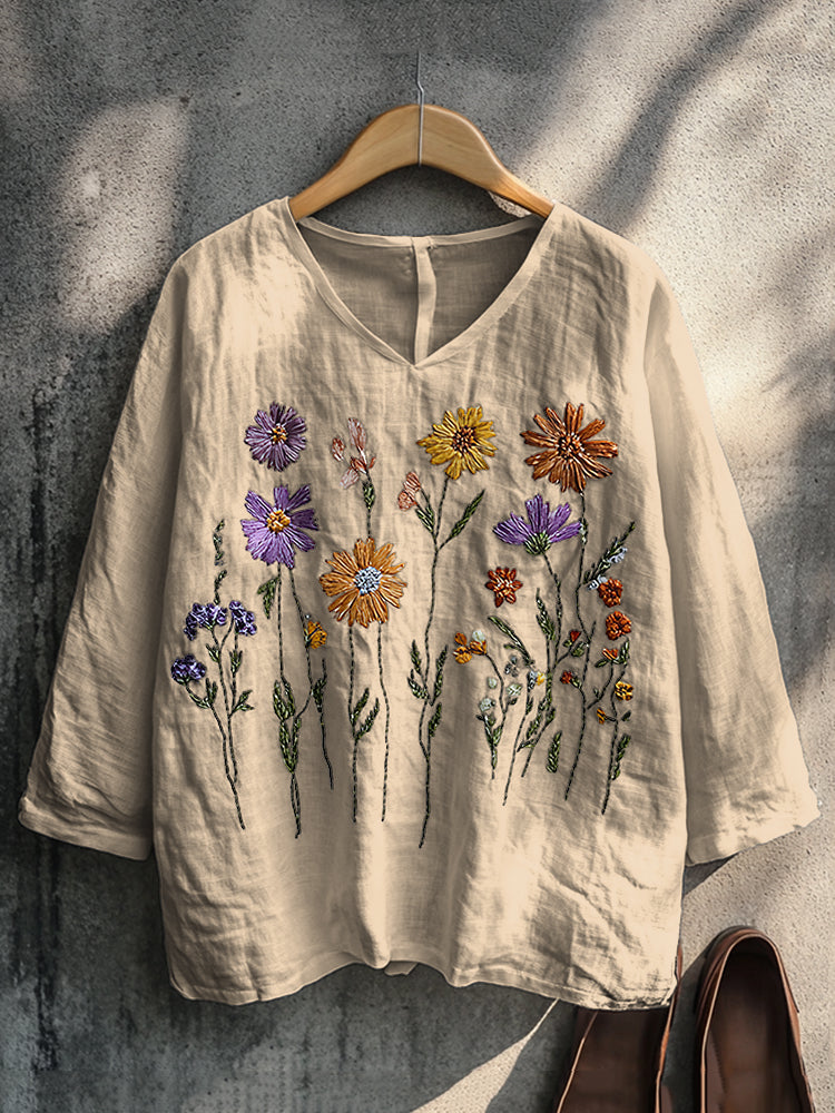 Boho Floral Embroidery Print Cotton And Linen Blend Loose Blouse artswardrobe
