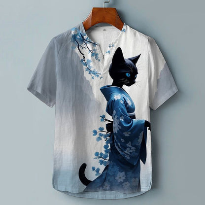 Elegant Sakura Kimono Cat Japanese Lino Art Linen Blend Shirt elevenforest