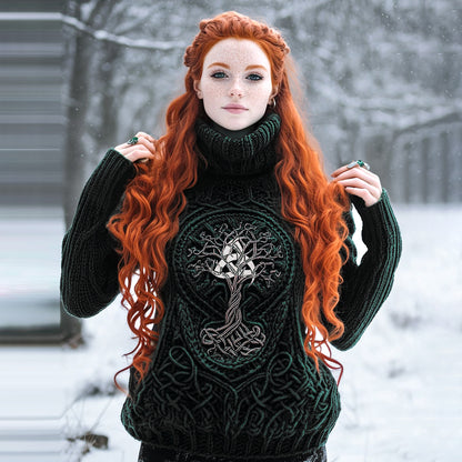 Viking Tribal Celtic Tree Of Life Cable Knit Turtleneck Sweater artswardrobe