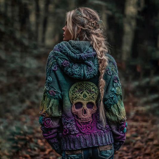 Women's Vintage Viking Skull And Rose Gradient Art Knit Hooded Sweater artswardrobe