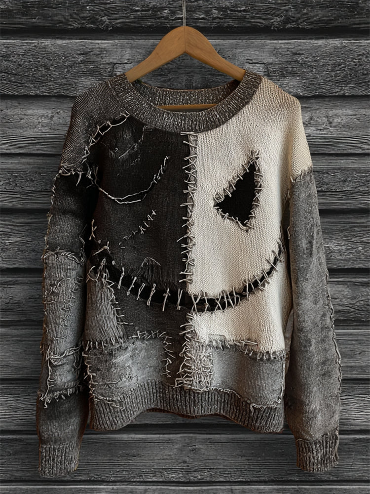 Halloween Spooky Face Colorblock Stitched Cozy Knit Sweater artswardrobe