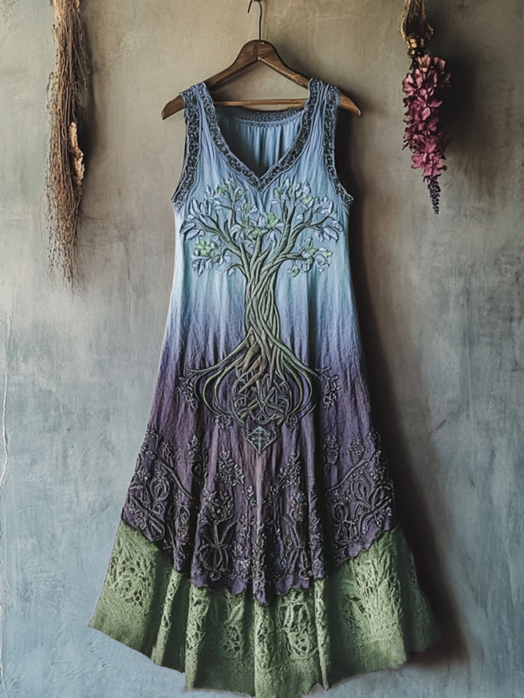 Vintage Viking Tribal Celtic Knot Life Of Tree Lace Patchwork Art Linen Tank Dress artswardrobe