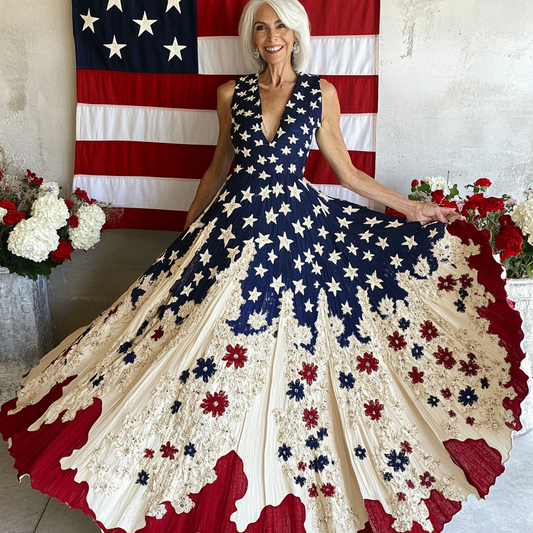 Women's Independence Day Flag And Floral Print Sleeveless V Neck Dress artswardrobe