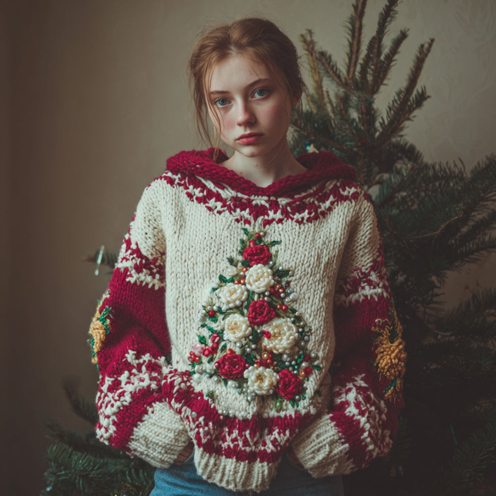 Comstylish Vintage Christmas Tree Red Warm Hooded Sweater