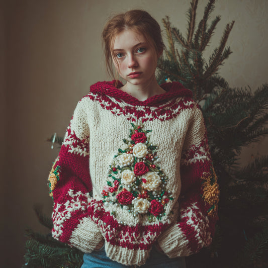 Comstylish Vintage Christmas Tree Red Warm Hooded Sweater