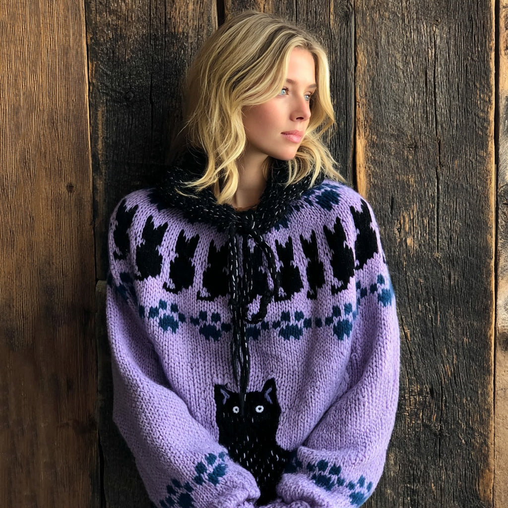 Comstylish Vintage Fairman Island Cat Hooded Sweater