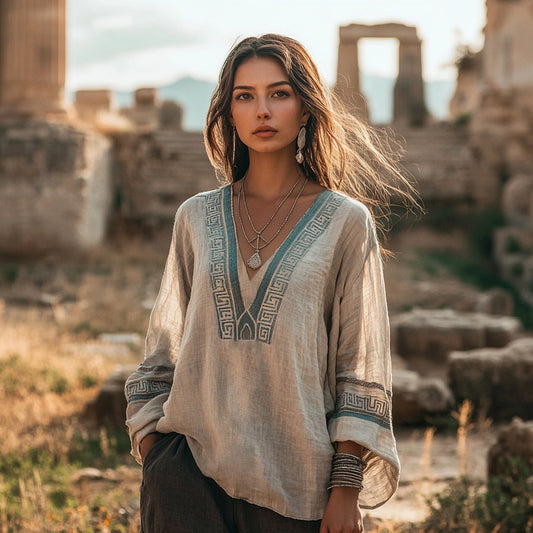 Vintage Greek Key Graphics V-neck Linen Blend T-shirt artswardrobe