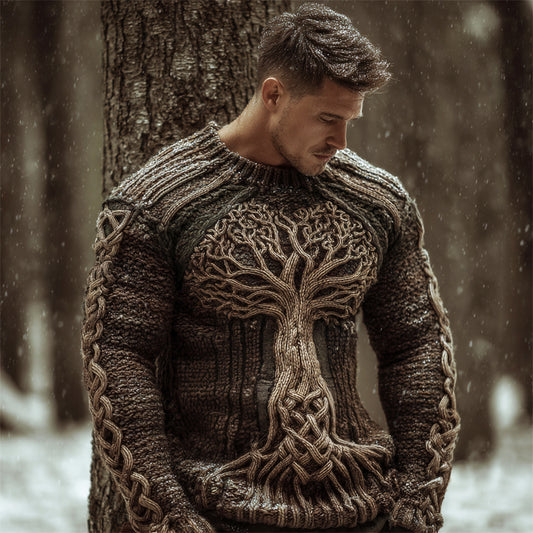 Vintage Nordic Myth Tree Of Life Men's Chunky Knit Crewneck Sweater artswardrobe