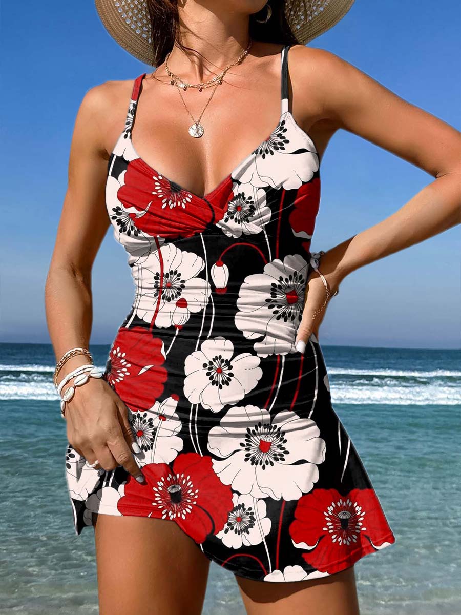 V-Neck Poppy Art Print Suspender Skirt Tankini Pantskirt Set Swimsuit