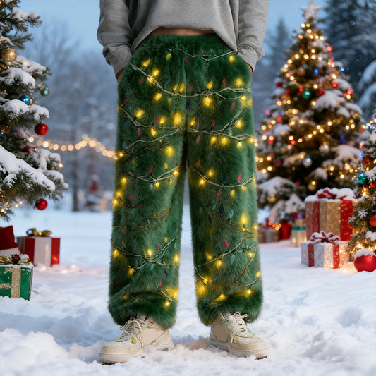 Comstylish Men's Vintage Christmas Light Bulb Pattern Flannel Pants