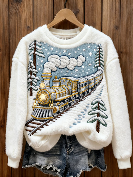 Christmas Express Snowy Landscape Cozy Plush Sweatshirt
