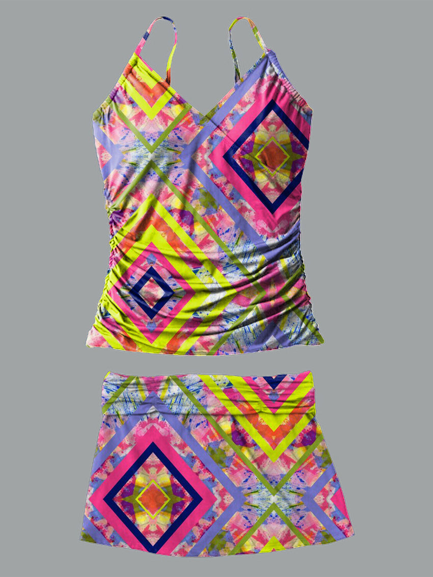 Colorful Diamond Check V-Neck Vintage Flowers Print Suspender Skirt Tankini Pantskirt Set Swimsuit