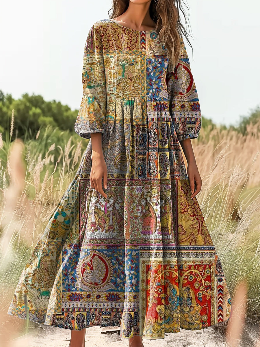Women's Vintage Ethnic Floral Art Print Flowy Cotton Crew Neck Dress