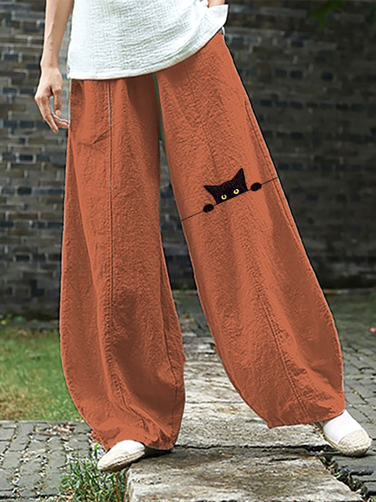 Women's Casual Funny Black Cat Print Pants elevenforest