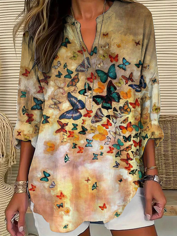 Comstylish Women's Casual Butterfly Watercolor Printed V Neck Shirt