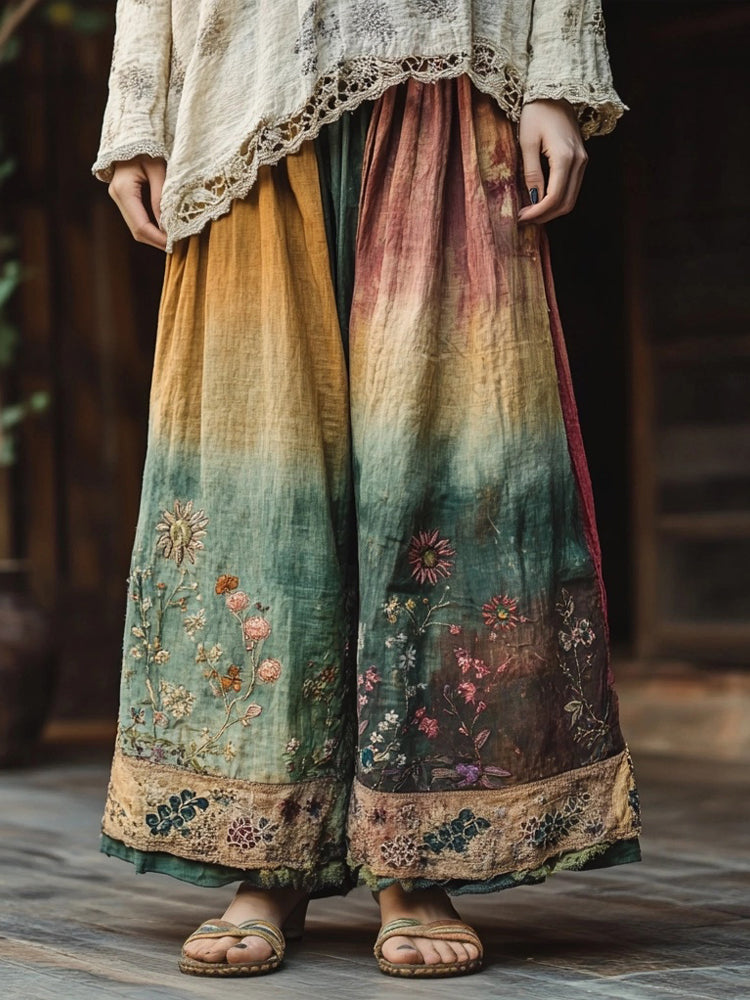 Vintage Floral Embroidered Lace Patchwork Linen Pants artswardrobe