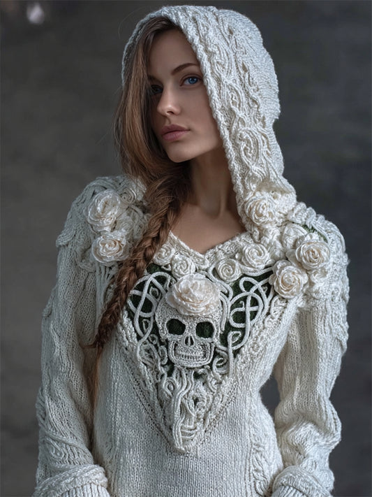 Comstylish Vintage White Roses Skull Celtic Hooded Cozy Knit Sweater