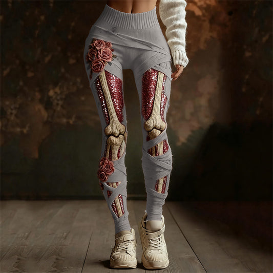 Comstylish Classy Roses Skeleton Anatomy Sequins Bandages Cozy Knit Leggings