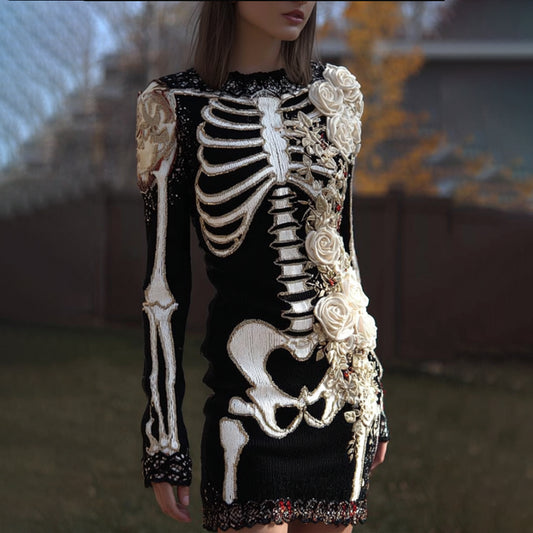 Comstylish Women's Halloween Skeleton And Rose Knitted Ancient Round Neck Skirt