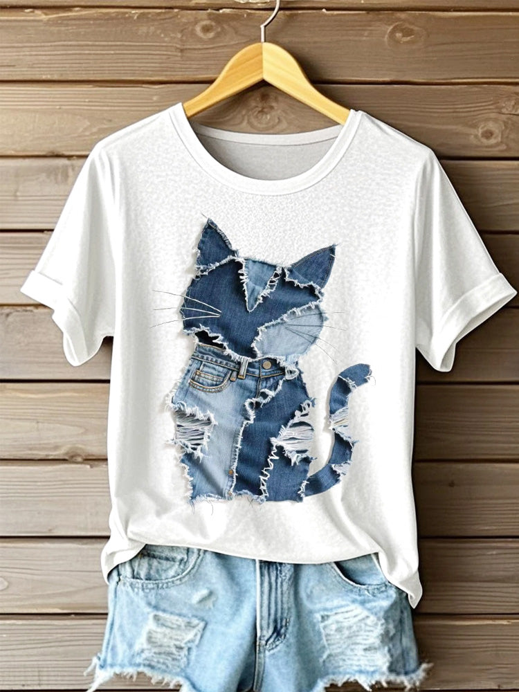 Women's Cat Pattern Denim Patchwork Art T-shirt artswardrobe