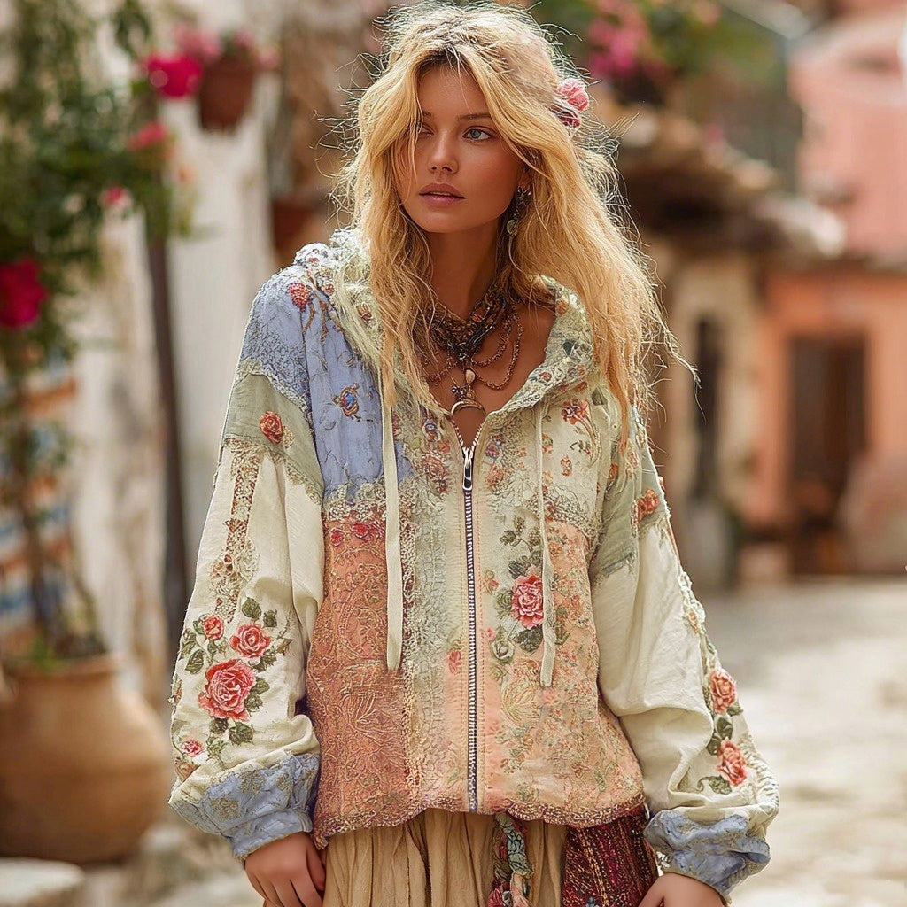 Comstylish Women's Floral Embroidery Color Block Boho Casual Zip-up Hoodie