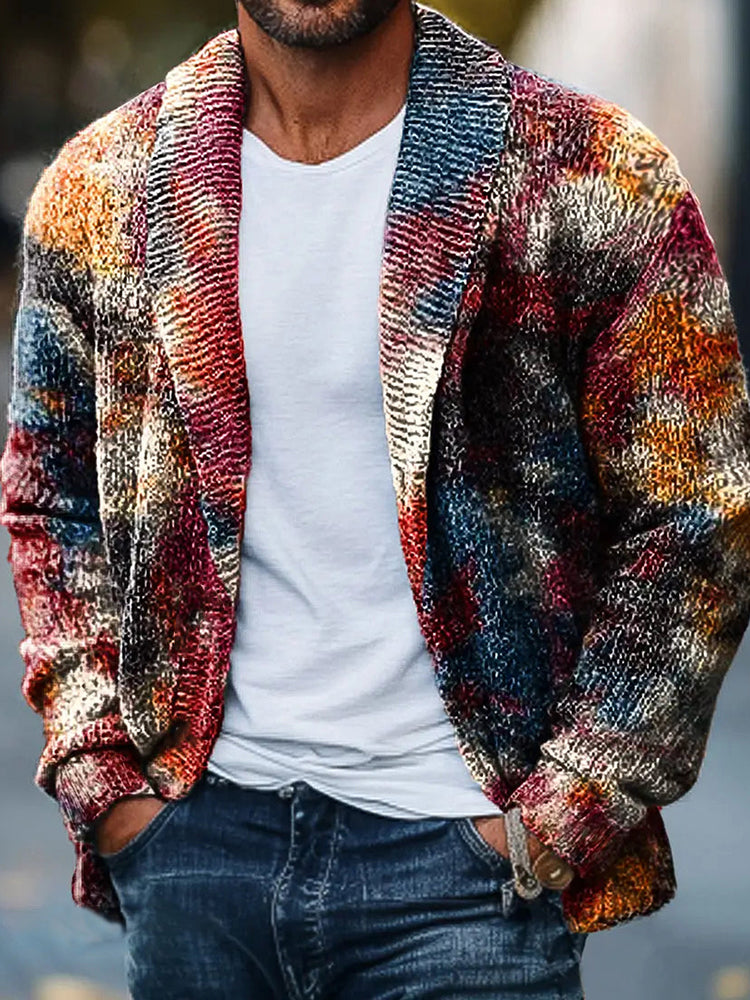 Men'S Retro Abstract Art Printed Knitted Cardigan Sweater artswardrobe