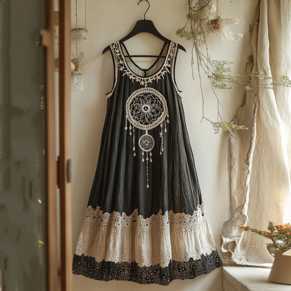 Viking Dreamcatcher Embroidered Flowy Linen Tank Dress artswardrobe