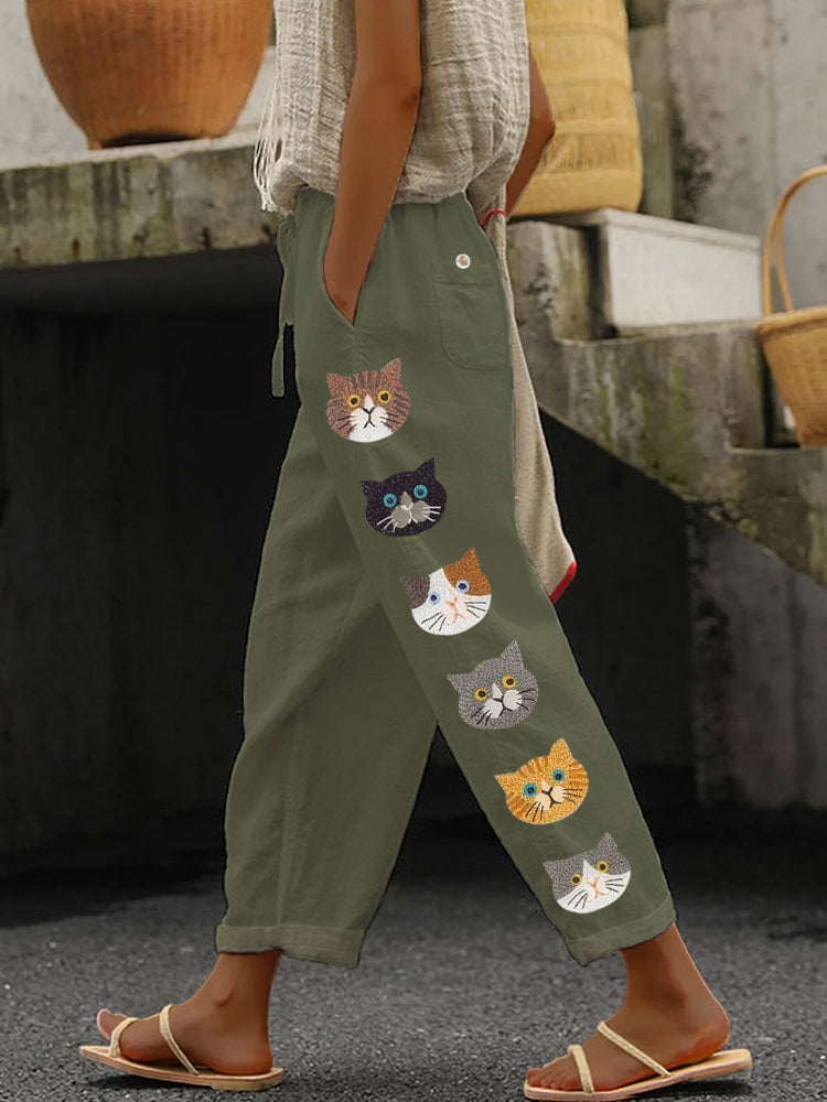 Comstylish Cute Cats Animal Embroidery Pattern Linen Pants