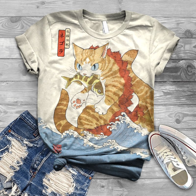 Retro Japanese Style Dinosaur Cat Monster Fishing Print Crew Neck Cozy Vintage T-Shirt elevenforest