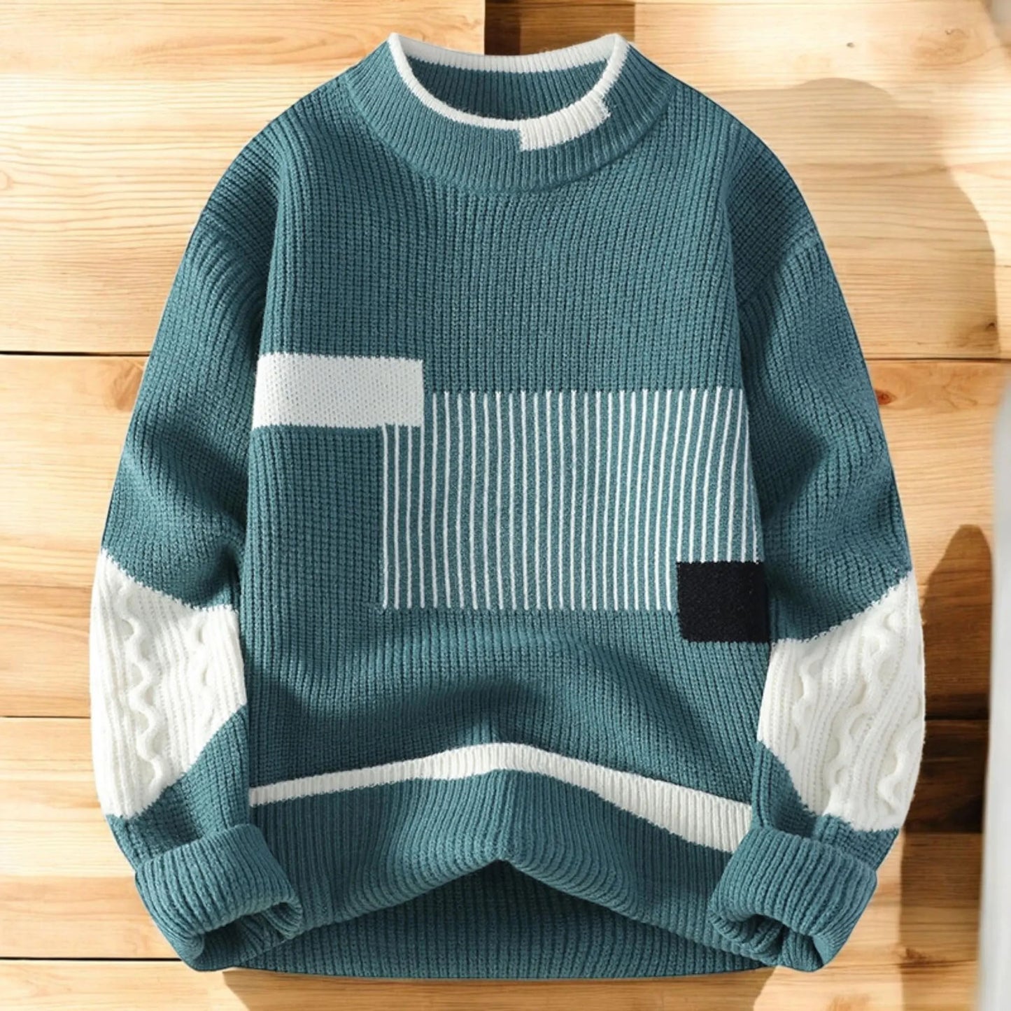 Vegan Mock Minimalist Knit Pullover Sustainable Patchwork Warmth Knitted Jacquard Unisex Sweater artswardrobe