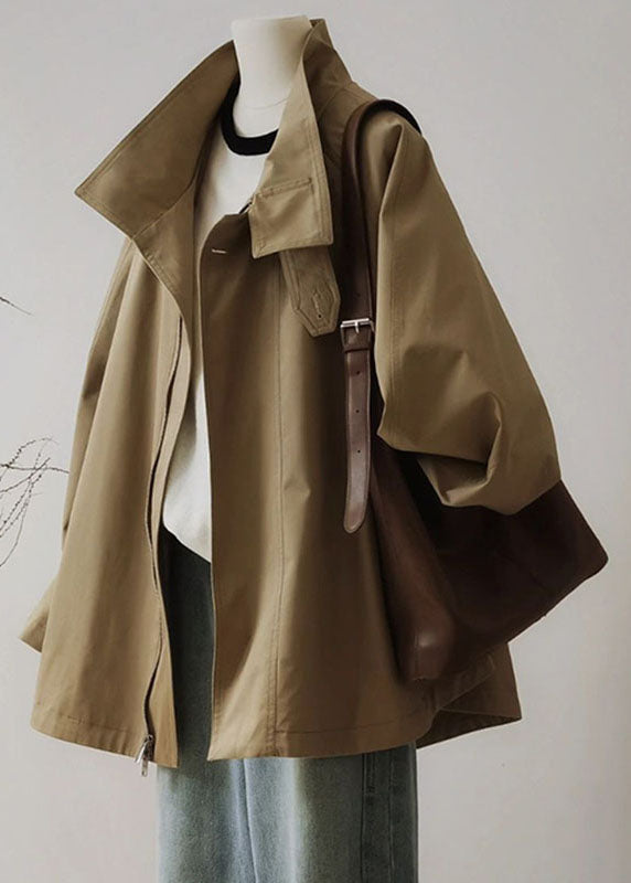 Francouzský khaki trenčkot s límečkem Peter Pan, zipem a patchworkem, dlouhý rukáv