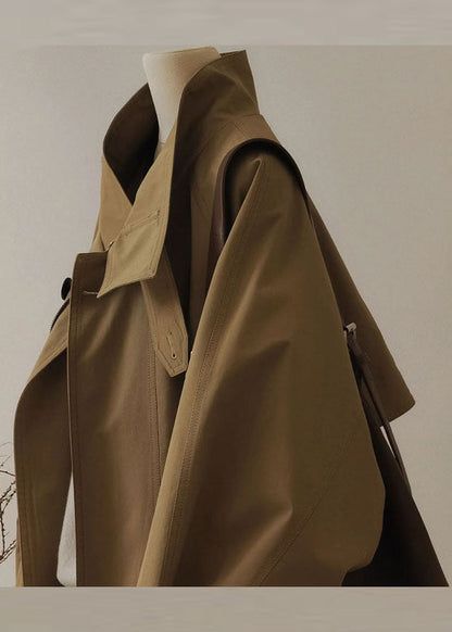 Francouzský khaki trenčkot s límečkem Peter Pan, zipem a patchworkem, dlouhý rukáv