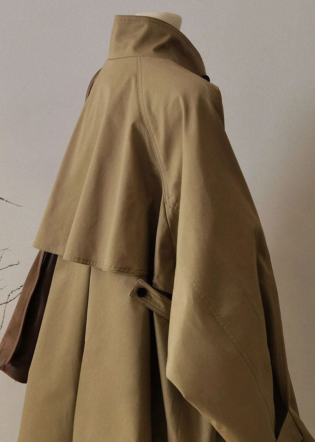 Francouzský khaki trenčkot s límečkem Peter Pan, zipem a patchworkem, dlouhý rukáv