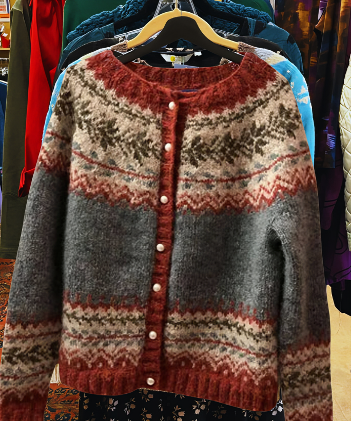 Bavlněný cardigan s červenými a krémovými pruhy ve stylu Fair Isle