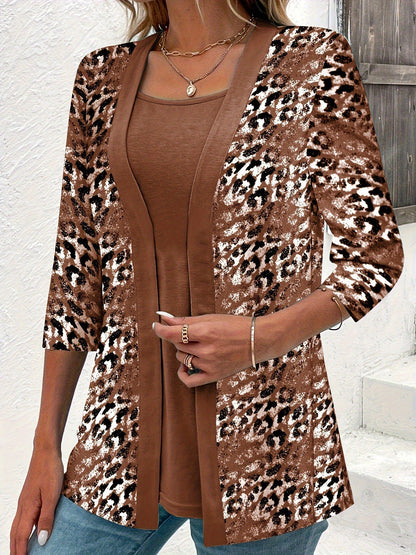 KS Dvoudílný set, jednobarevný top a cardigan s leopardím potiskem