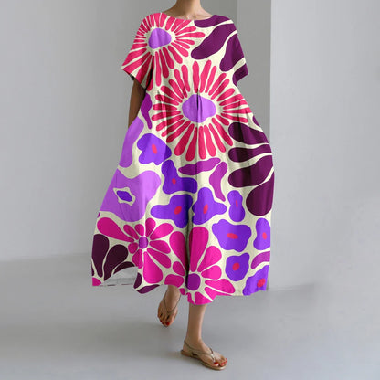 AS | Nové letní dámské šaty Výstižné elegantní kulatý výstřih krátké rukávy dlouhé růžové puntíkaté nepravidelné potištěné pohodlné midi šaty