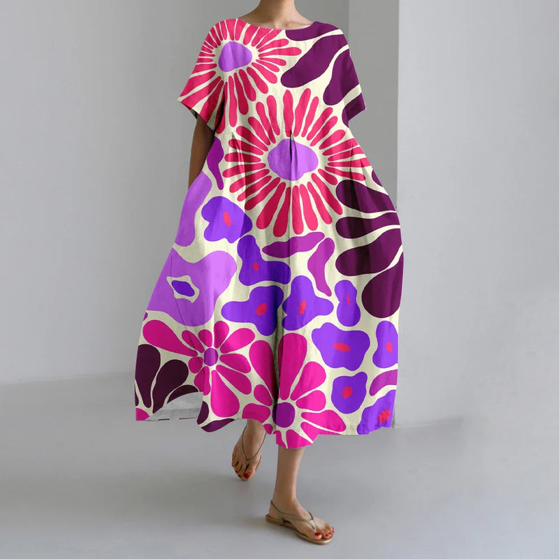 AS | Nové letní dámské šaty Výstižné elegantní kulatý výstřih krátké rukávy dlouhé růžové puntíkaté nepravidelné potištěné pohodlné midi šaty